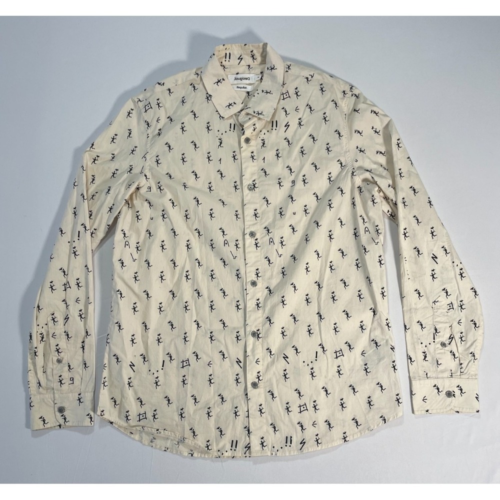 Desigual Regular Roz Button Down Shirt White - People Print Regular Men's Size M